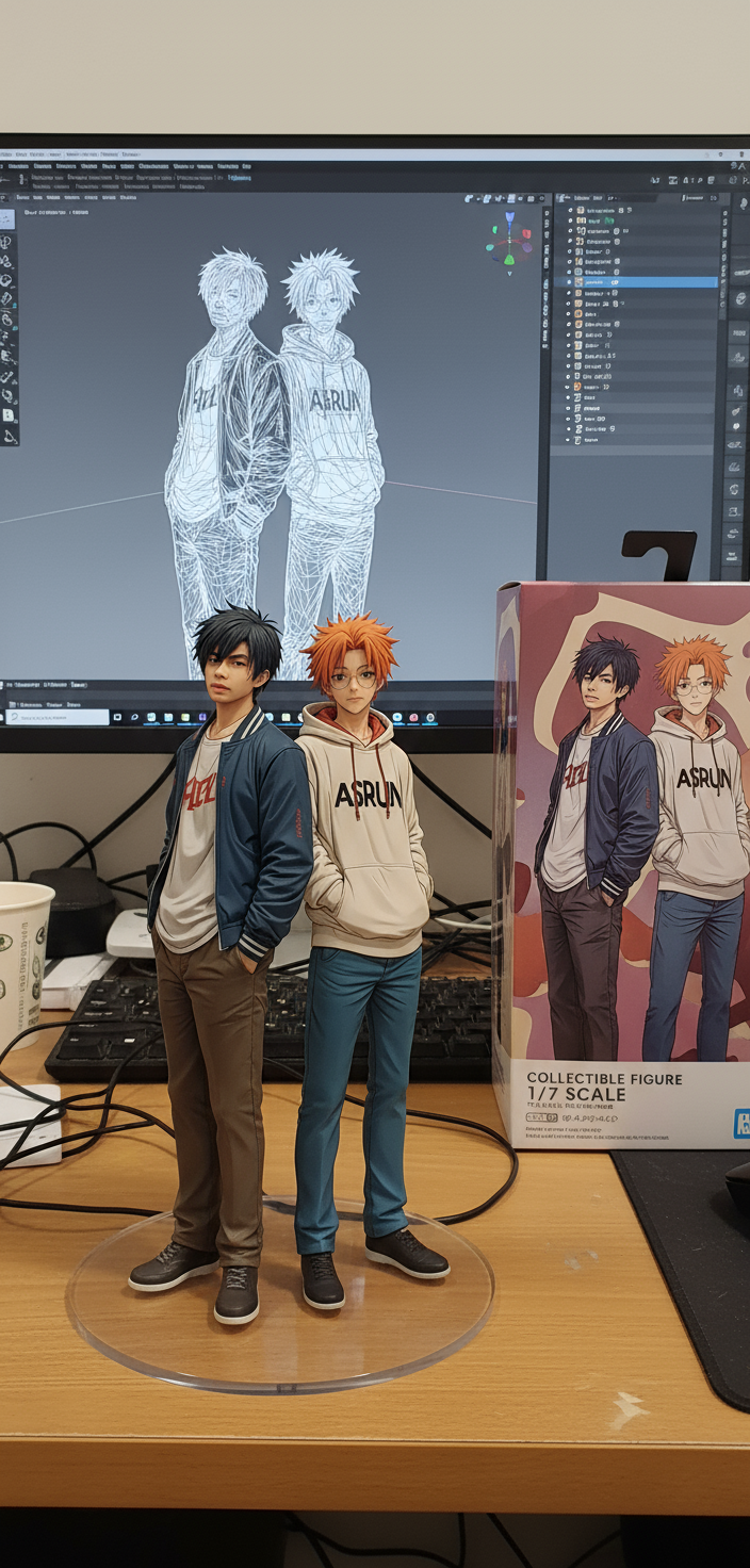 Postingan terkait: create a 1/7 scale commercialized figurine of the characters in the picture, in a realistic style, in a real environment. The figurine is placed on a computer desk. The figurine has a round transparent acrylic base, with no text on the base. The content on the computer screen is a 3D modeling process of this figurine. Next to the computer screen is a toy packaging box, designed in a style reminiscent of high-quality collectible figures, printed with original artwork. The packaging features two-dimensional flat illustrations