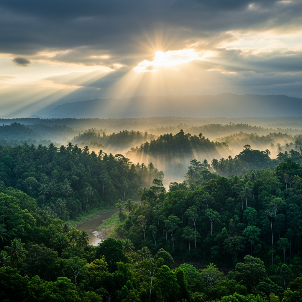 Gambar kreasi AI: "Pemandangan udara dari hutan hujan tropis yang lebat, saat matahari terbit, kabut pagi menutupi pohon, warna hijau yang kaya dan vibrant, fotografi sinematik."