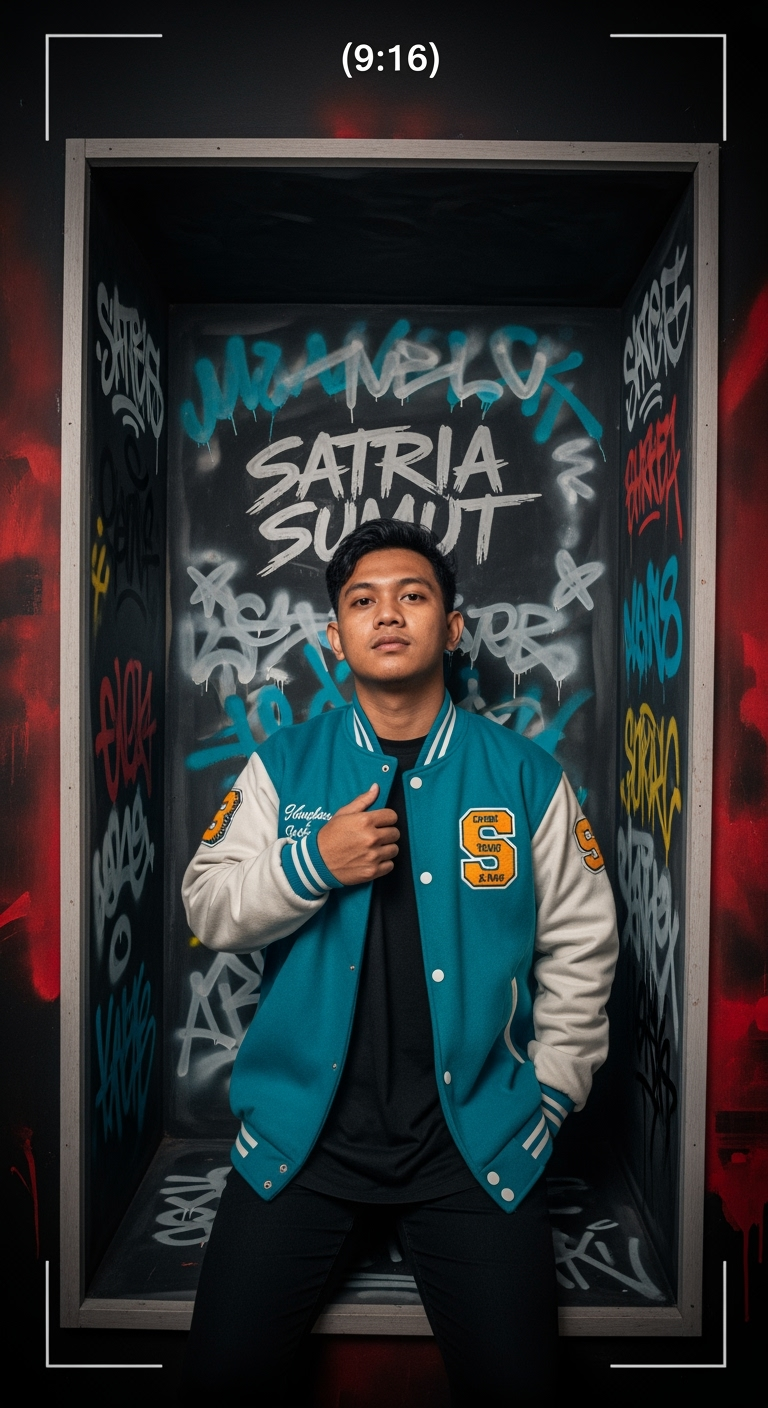 Postingan terkait: Jadikan foto tersebut sebagai objek utama.
Potret vertikal rasio 9:16, ultra-realistic dengan efek kamera ponsel jadul resolusi rendah. Seorang pria paruh baya jawa berkacamata, dia mengenakan jaket varsity yang bergaya dengan tubuh biru tua, lengan berwarna krem, dan garis-garis hijau dan putih pada manset dan kerah. Jaket itu memiliki tambalan bordir di lengan, termasuk lencana dengan teks dan logo 'S'.

Pose penuh ekspresi Gen Z: satu jari menutup mulut, mulut sedikit terbuka, tangan lain membentuk pose pistol. Ekspresi wajah natural, mata fokus ke kamera dengan vibe percaya diri dan ceria.

Latar belakang berupa ruangan foto box dengan full motif 3D
grafiti street art penuh warna dengan tulisan abstrak ala graffiti punk "SATRIA SUMUT" dengan latar belakang dinding bata putih, diambil dari sudut depan atas dengan efek wide-angle, memberi kesan ruang melengkung dan tertutup.

Kualitas foto dibuat sangat amatir: hasil tangkapan kamera depan Android jadul beresolusi 2MP, terdapat grain kasar, noise digital yang kuat, highlight berlebih, warna agak pudar, dan kesan overexposed di area tertentu.