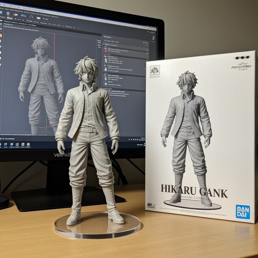 Gambar kreasi AI: A hyper-detailed, ultra-realistic 1/8 scale commercialized figurine of the subject(s) in the reference photo, sculpted in true proportions and lifelike detail. The figurine is displayed in a real environment, placed on a computer desk. It stands on a round transparent acrylic base without any text or engravings. On the computer screen behind it, the ZBrush 3D modeling process of this exact figurine is visible. Next to the monitor, there is a premium HIKARU GANK–style toy packaging box, printed with the original 2D artwork of the figurine in flat anime-style illustration. The packaging is vibrant and professional, resembling official Bandai PREMIUM COLLECTION products. The whole scene is photographed realistically, with natural lighting, depth of field, and high fidelity, making it indistinguishable from a real photo.
