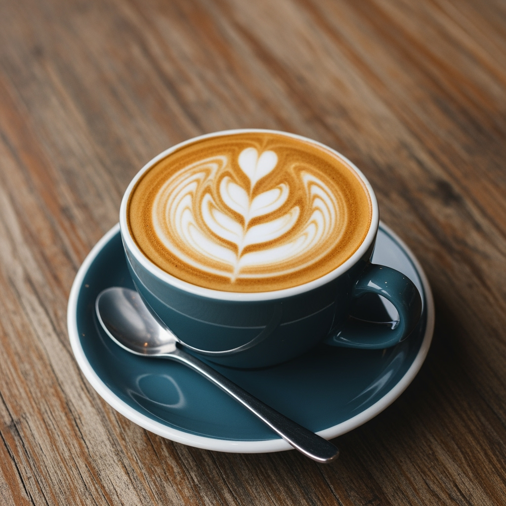 Gambar kreasi AI: "Fotografi close-up dari secangkir kopi latte art berbentuk daun, di atas meja kayu rustic, dengan latar belakang buku dan pencahayaan hangat, gaya food photography."