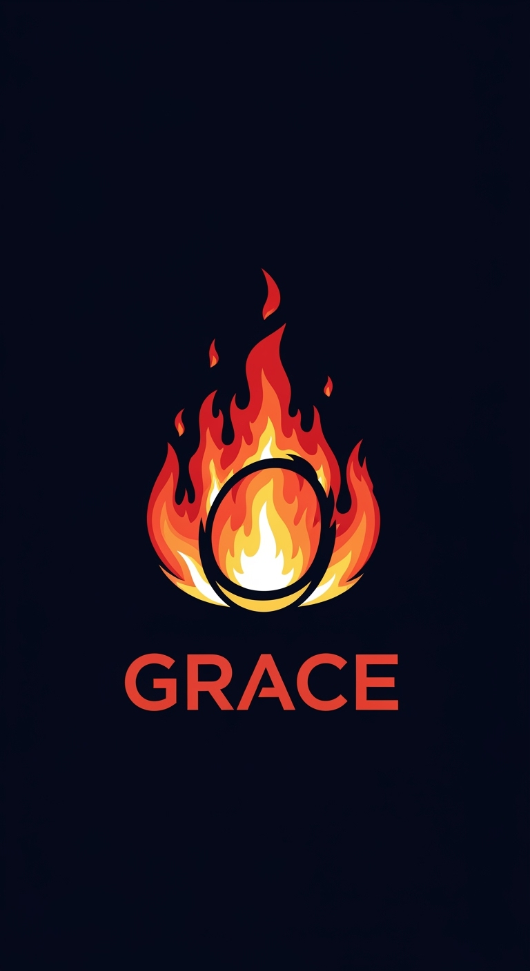 Gambar kreasi AI: Logo berputar putar seperi kobaran api ,kemudian tulisan  "GRACE"muncul ditengah logo,membesar ,disertai kilauan sinar aneh dan kilat petir