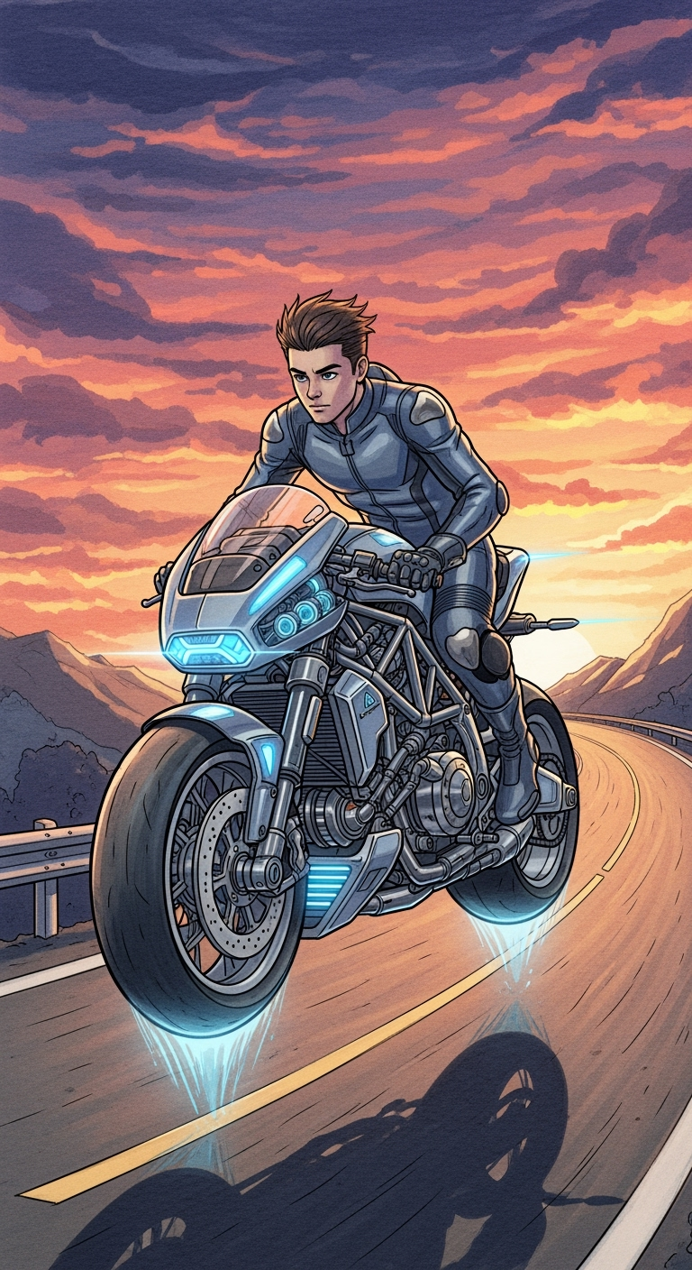 Gambar kreasi AI: Pria muda menaiki motor konsep yang digambar