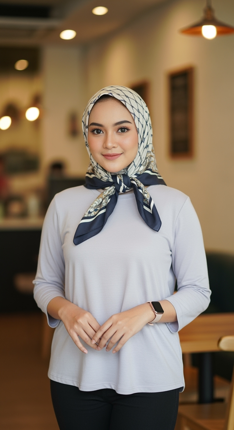 Postingan terkait: buatkan foto wanita cantik Indonesia umur 20 tahun. memakai kerudung diikat dileher seperti Artis Citra kirana. baju berwarna soft, celana ketat. menghadap ke kamera dengan senyum manis. backgorund di salah satu ruangan cafe