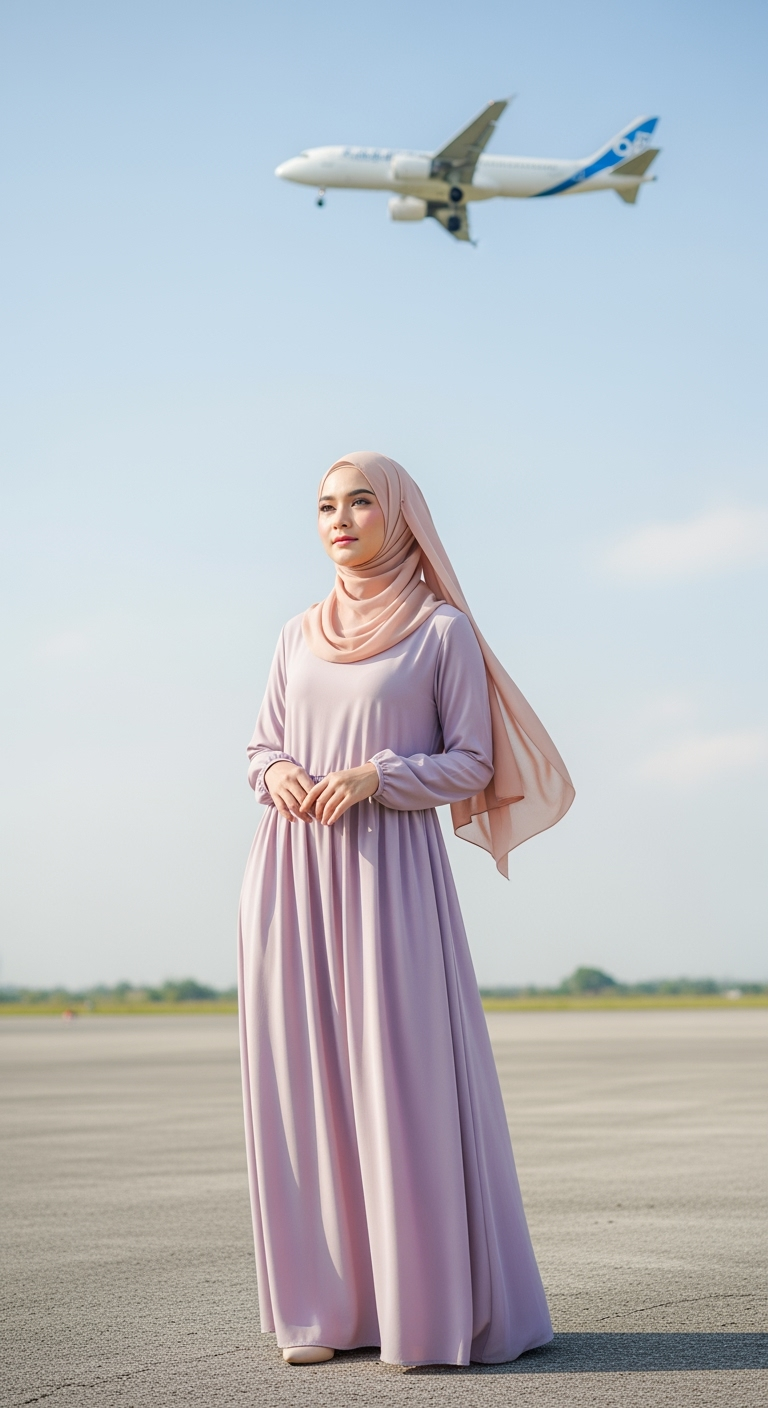 Postingan terkait: Buat gambar amatir kualitas tinggi wanita sangat cantik asal Korea Selatan mirip idol dengan tubuh ramping, rahang V-shape halus, tanpa lesung pipi, makeup natural segar dengan blush pink lembut, eyeliner tipis, usia sekitar 20 tahunan. Memakai hijab chiffon warna peach muda yang dikenakan rapi membingkai wajah, ujung hijab menjuntai di bahu kiri. Memakai kemeja panjang warna lavender pastel, dilapisi dengan rompi rajut warna krem muda dengan tekstur rajutan halus dan tanpa ruffle di bahu. Celana panjang longgar warna lavender pastel, tanpa motif. Di kepala terdapat kacamata hitam transparan diletakkan di atas hijab. Tangan kanan memegang buket bunga warna pink cerah. Pose low-angle dari bawah menghadap ke atas, kepala sedikit menoleh ke kanan dengan ekspresi tenang. Latar belakang langit biru cerah penuh awan putih dramatis, Pesawat terbang tampak terbang di kejauhan. Pencahayaan alami siang hari yang cerah. Mode kamera wide-angle, full body terlihat dari bawah, hasil foto seperti diambil dengan kamera smartphone biasa. Tekstur kulit realistis dengan pori-pori terlihat, tidak terlalu halus. Semua elemen fokus tajam termasuk background, tanpa bokeh. Rasio vertikal.