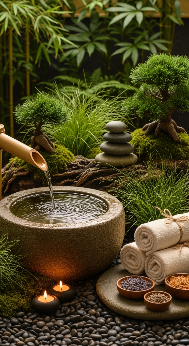 Postingan terkait: A tranquil Japanese Zen spa garden scene featuring a bamboo water spout gently pouring into a round stone basin, surrounded by vibrant moss, small bonsai trees, clusters of grasses, smooth river pebbles, and stacked stones. Rolled spa towels and herbal bowls rest nearby, softly illuminated by candlelight. The background is a blurred lush forest with layered green plants. Realistic cinematic photography, soft daylight, shallow depth of field, eye-level close-up focus on the basin and spout, balanced natural composition, no text or writing anywhere