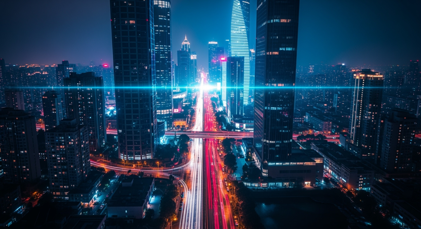 Gambar kreasi AI: Aerial cinematic drone shot of a futuristic modern city at night, skyscrapers glowing with neon lights, traffic flowing like streams of light, cinematic depth of field, anamorphic lens flare, moody blue and orange grading.

Variasi frame: pergerakan drone perlahan turun ke jalan