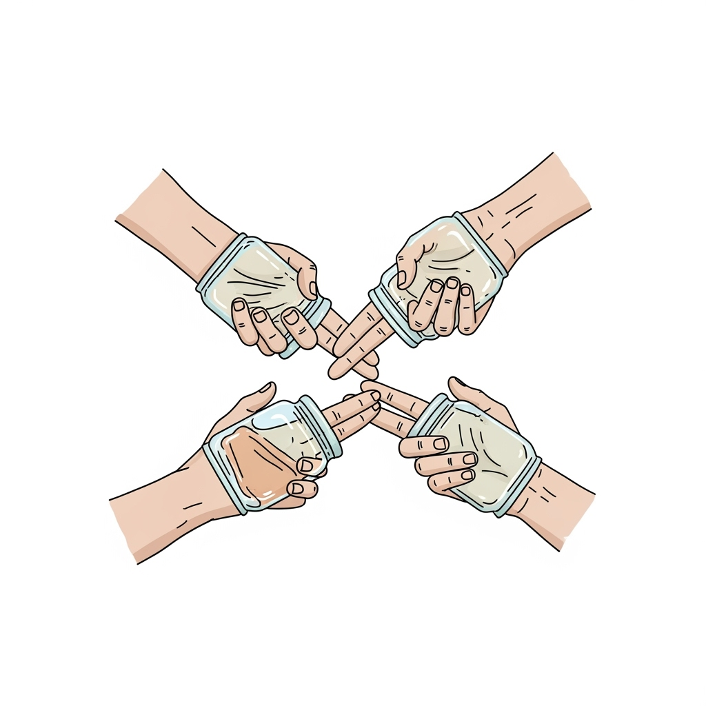 Postingan terkait: Sebuah ilustrasi digital minimalis, menampilkan beberapa tangan manusia yang saling terhubung di dalam gelembung transparan. Latar belakang kosong berwarna putih. Gaya seni vektor, garis tipis dan bersih. Konsep: koneksi, kolaborasi, dan perlindungan. Warna pastel yang lembut, pencahayaan lembut."