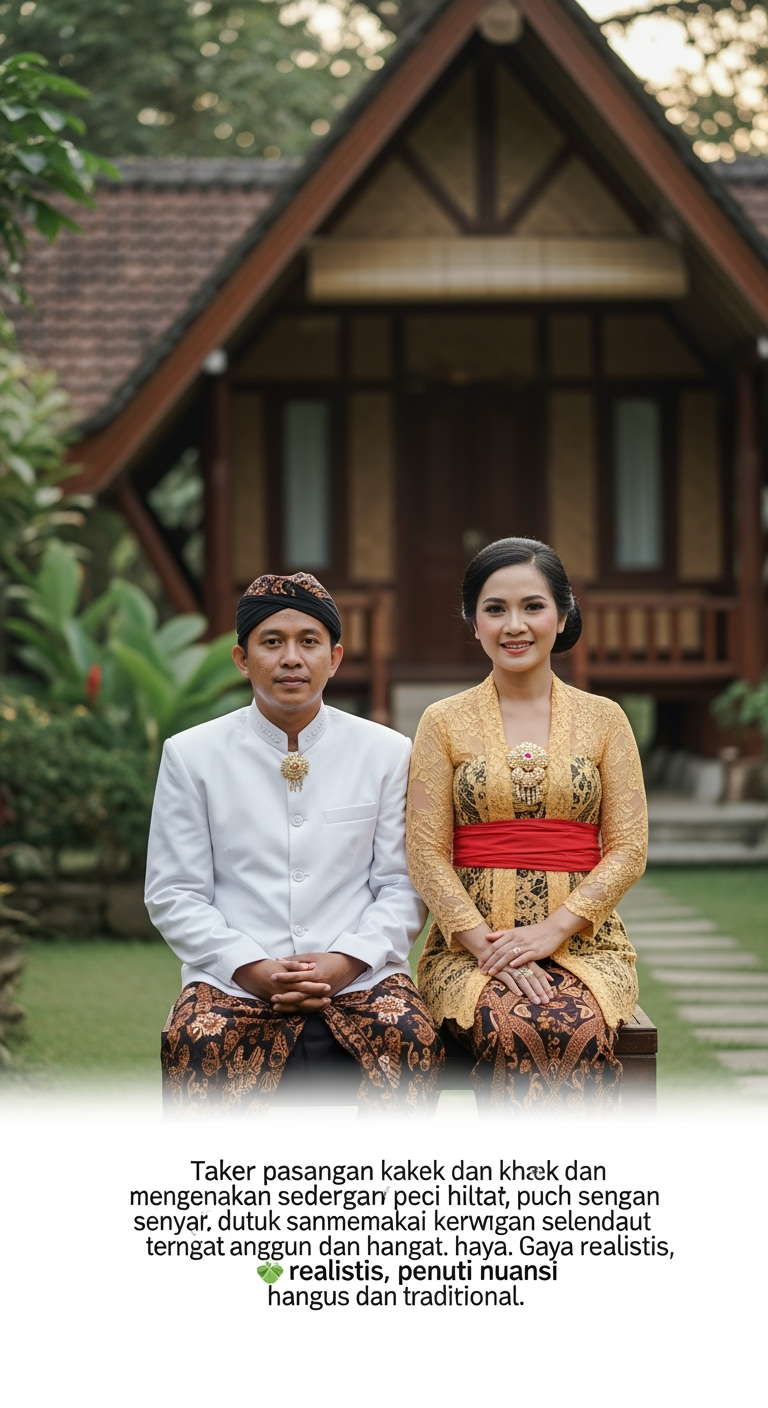 Gambar kreasi AI: "Foto pasangan kakek dan nenek khas Sunda. Kakek mengenakan baju koko putih sederhana dengan peci hitam, wajah ramah penuh senyum, duduk santai. Nenek memakai kebaya tradisional Sunda berwarna lembut dengan selendang batik, terlihat anggun dan hangat. Latar suasana pedesaan Sunda, rumah bambu atau joglo, pepohonan hijau, cahaya matahari pagi masuk dari sela dedaunan. Gaya foto realistis, penuh nuansa hangat dan tradisional."