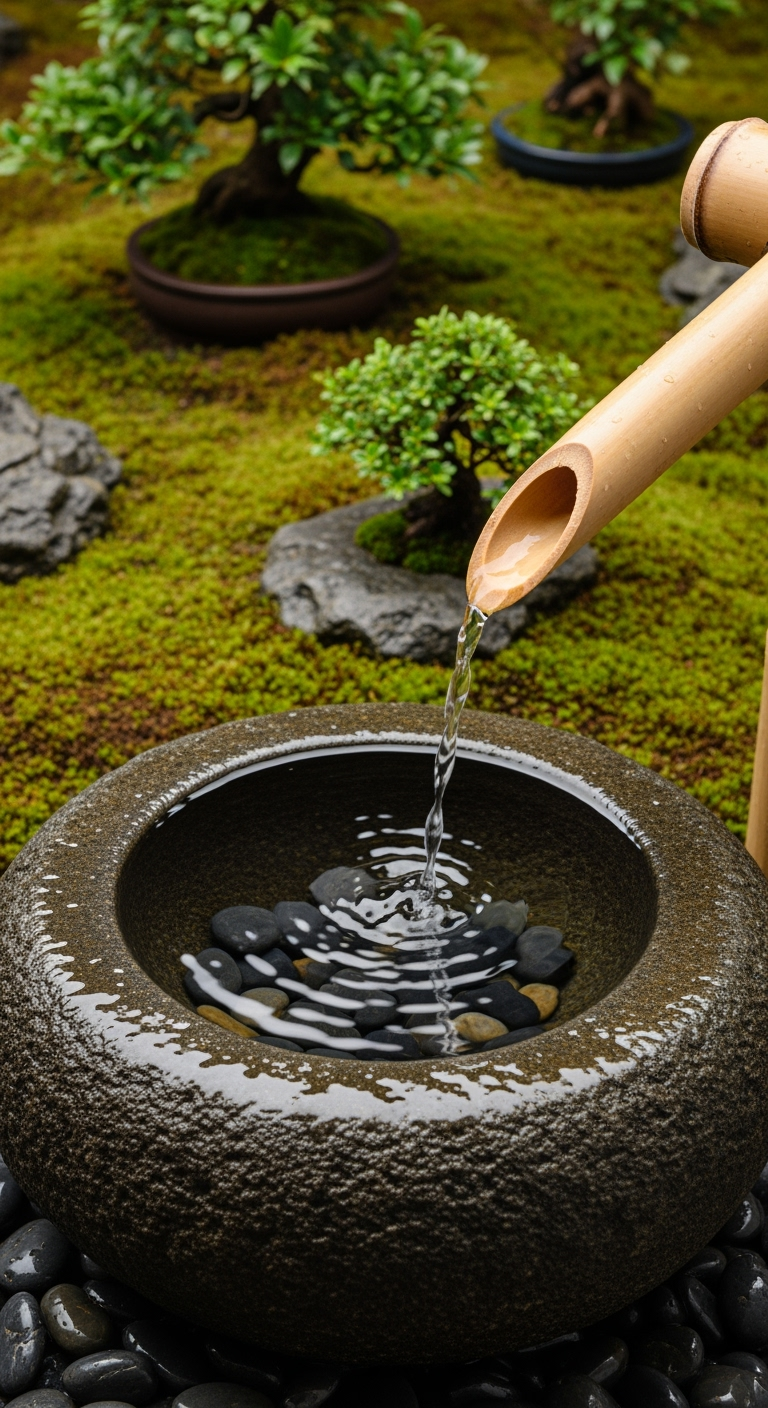 Postingan terkait: A tranquil Japanese Zen spa garden scene featuring a bamboo water spout gently pouring into a round stone basin, surrounded by vibrant moss, small bonsai trees, clusters of grasses, smooth river pebbles, and stacked stones. Rolled spa towels and herbal bowls rest nearby, softly illuminated by candlelight. The background is a blurred lush forest with layered green plants. Realistic cinematic photography, soft daylight, shallow depth of field, eye-level close-up focus on the basin and spout, balanced natural composition, no text or writing anywhere.