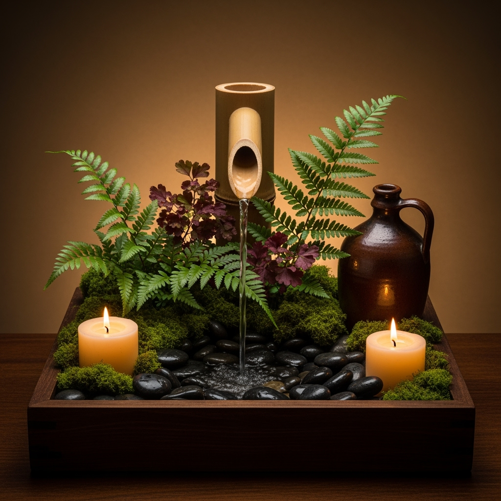 Postingan terkait: // [CAMERA LOCKED]
// [NO MOVEMENT, NO ZOOM, STATIC FRAME ONLY]

locked-off tripod shot, fixed frame, zero camera movement, absolutely static framing.

Scene: A naturalistic still-life on a dark wooden tray, featuring a prominent bamboo water feature with overflowing water, set amidst organic placements of two lit candles, varied green ferns, dark pebbles, and a rustic brown pottery jug, all presented against a diffused, warm background glow.

--no camera movement, no pan, no tilt, no zoom, no dolly, no pedestal, no truck, no roll, no shake
--no slow drift, no cinematic breathing, no reframing, no focus pulling
--no text, no watermarks, no overlays
--the camera must be treated as a bolted-down, unmoving object, like a security camera.