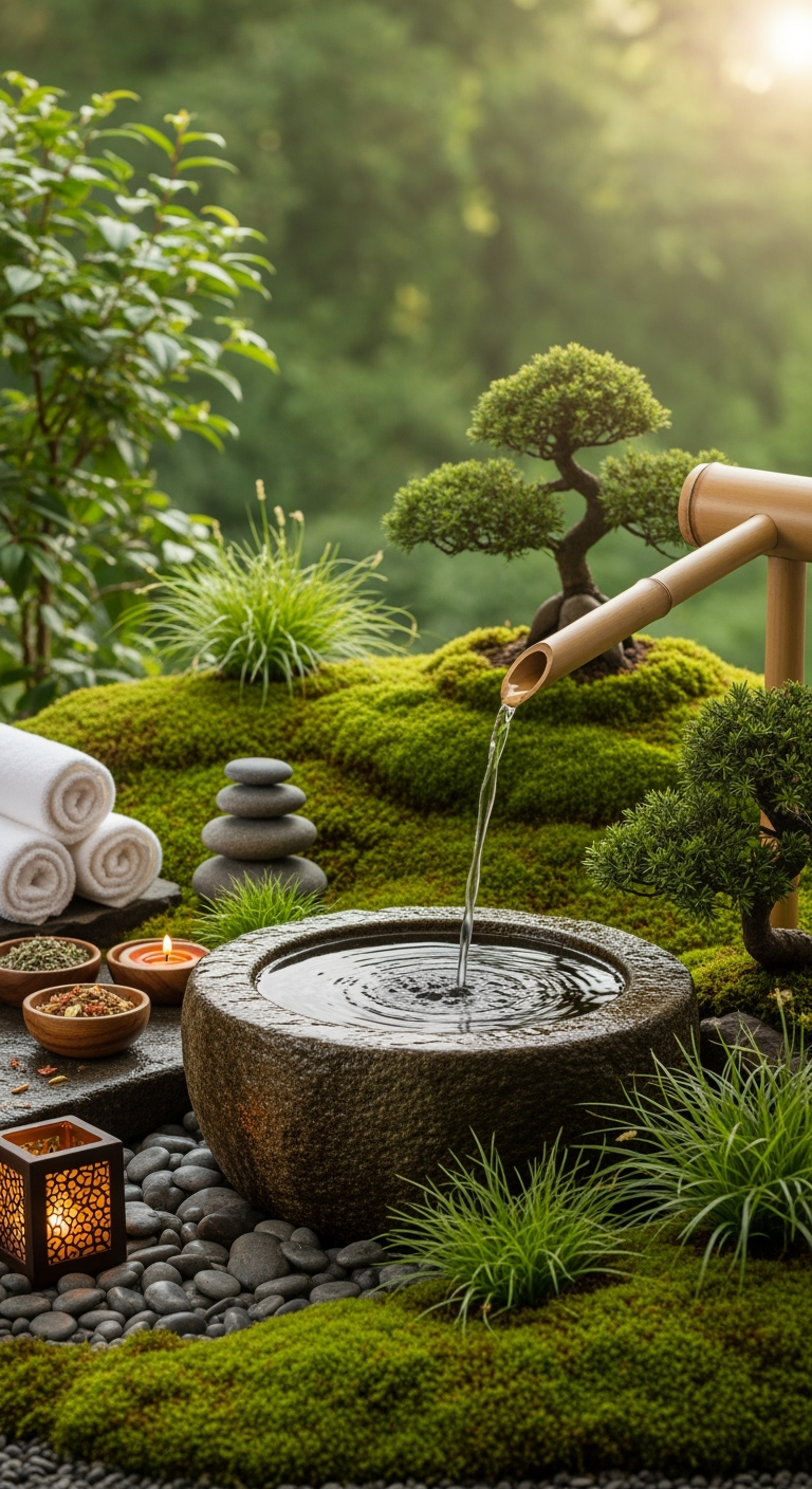 Postingan terkait: A tranquil Japanese Zen spa garden scene featuring a bamboo water spout gently pouring into a round stone basin, surrounded by vibrant moss, small bonsai trees, clusters of grasses, smooth river pebbles, and stacked stones. Rolled spa towels and herbal bowls rest nearby, softly illuminated by candlelight. The background is a blurred lush forest with layered green plants. Realistic cinematic photography, soft daylight, shallow depth of field, eye-level close-up focus on the basin and spout, balanced natural composition, no text or writing anywhere.