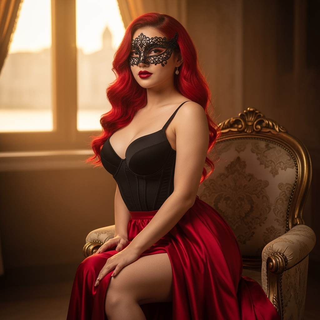 Postingan terkait: Ultra-realistic side body portrait of a Indonesian petite woman with long, wavy flamboyant red hair wearing an elegant Venetian lace mask adorned with intricate fractal details. She sits sensually on an ornate antique padded chair as a graceful courtesan in a luxurious satin gown with leg split, with a fitted black bustier featuring a finely worked fractal neckline and pronounced push-up effect, accentuating her hourglass fit body and medium chest with modern sensuality. Her symmetrical face has high cheekbones, a small straight nose, thick dark eyelashes, subtle well-defined eyebrows, and soft porcelain skin with smooth thighs, slightly dewy texture and delicate freckles. Striking deep glossy red lipstick enhances her sultry expression as she looks directly at the viewer,side view, ABM_fusion art style,style of Helen Allingham.