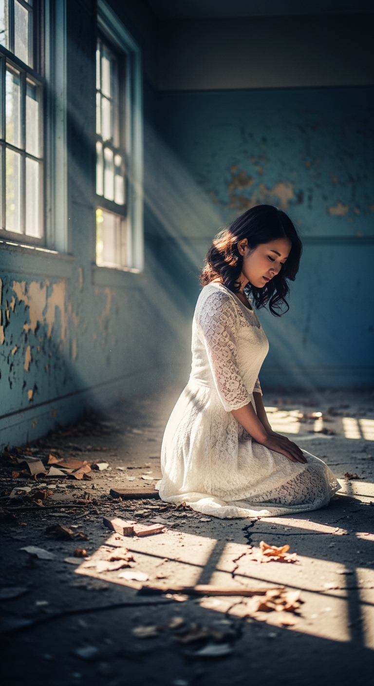 Postingan terkait: A cinematic portrait of a beautiful japanese young woman kneeling on the cracked floor of an abandoned room. She wears a delicate white lace dress that flows softly, illuminated by natural light streaming through dusty windows. The peeling blue paint on the walls and scattered debris create a haunting yet poetic atmosphere. Her expression is gentle and melancholic, evoking a sense of fragility and quiet resilience. Soft shadows and dramatic lighting highlight the emotional, dreamy mood of the scene