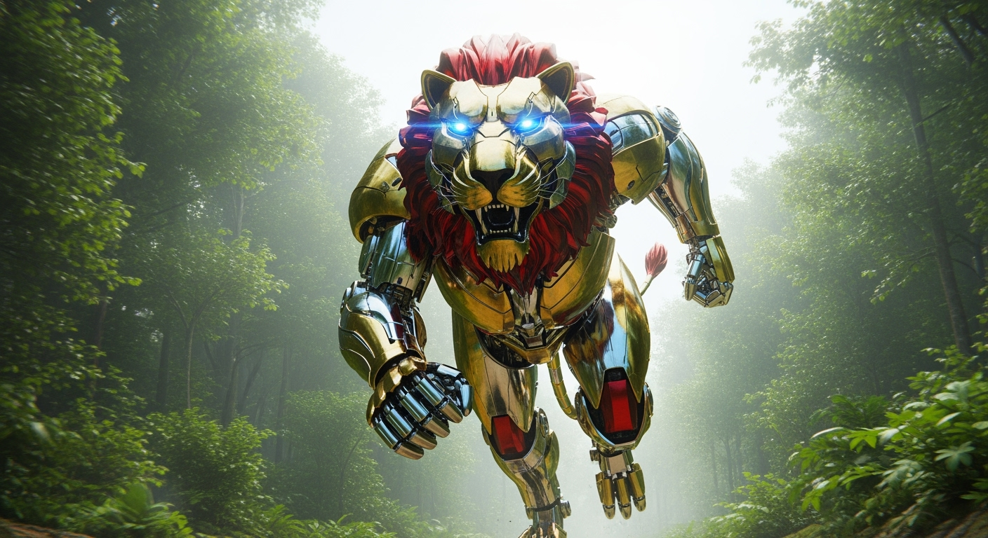Gambar kreasi AI: robot raksasa Singa. Robot itu berlari melesat dengan cepat di tengah hutan. Desain futuristik, tubuh berlapis baja dominan emas, chrome, dan merah metalik, dengan mata biru tajam yang menyala. Otot-otot kakinya dipenuhi detail mekanik, menampakkan kegagahan dan keperkasaan. Rambut logamnya berkilau emas kemerahan. Tekstur menonjol dan mata biru menyala tajam, dengan perpaduan elegan antara warna emas dan merah metalik. Komposisi gambar sinematik dengan pencahayaan siang alami dari hutan yang cerah dan berkabut, warna hangat dan dingin bercampur harmonis.
Foto menampilkan seluruh robot dalam kemegahannya yang luar biasa, lari menerjang dengan megah di tengah-tengah kehijauan subur dan langit cerah.
