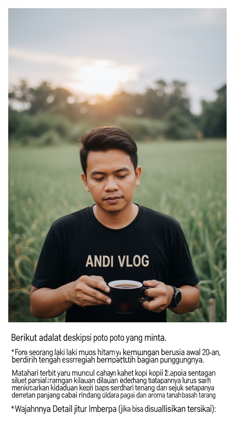 Postingan terkait: Buatkan poto seorang laki-laki muda khas indonesia memakai kaos hitam,di   belakangnya ada tulisan ANDI VLOG, sedang minum kopi dan menikmati suasana pagi hari . Pria itu menghadap ke matahari yang baru terbit . Sekitanya banyak pohon cabai