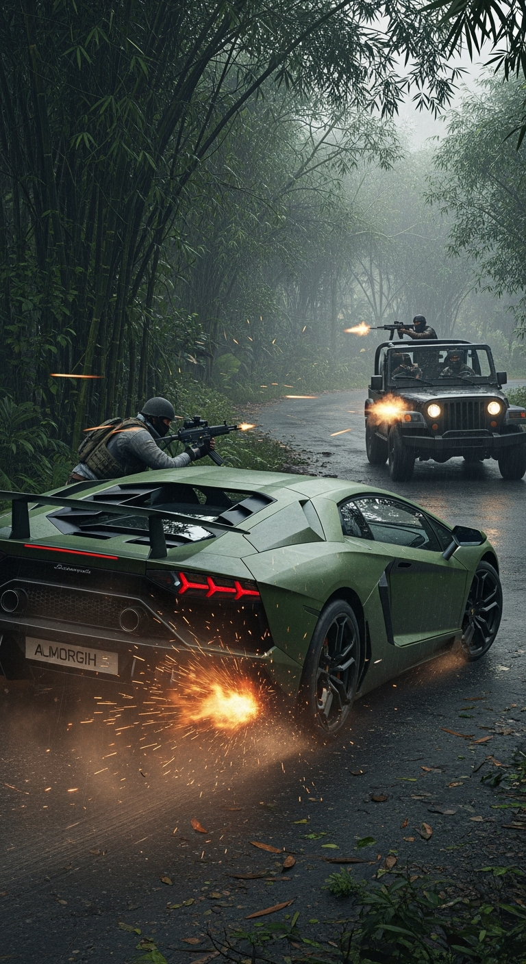 Gambar kreasi AI: An ultra-realistic cinematic jungle chase. A matte army green Lamborghini driven by an army soldier speeds through a jungle road. Behind it, a modern jeep with masked gunmen (nagaposh) chases while firing. The Lamborghini accelerates fast, drifts on turns, and escapes ahead, leaving the jeep behind in dust and smoke.