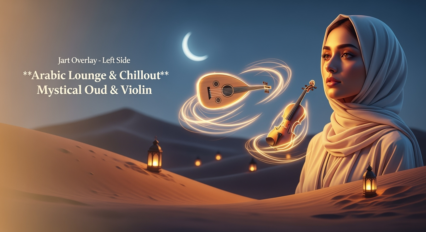 Postingan terkait: A beautiful Arab woman with soft features, wearing an elegant light-colored hijab, shown half-body on the right side of the frame. Her expression is calm and dreamy, illuminated by warm golden light. Background: desert dunes at twilight with soft glowing lanterns and a faint crescent moon, creating a mystical atmosphere. Floating softly near her, a glowing oud and violin radiating gentle golden light waves. Left side: clean gradient space for stylish bold text “Arabic Lounge & Chillout | Mystical Oud & Violin”. Cinematic, minimal, and relaxing vibe.
