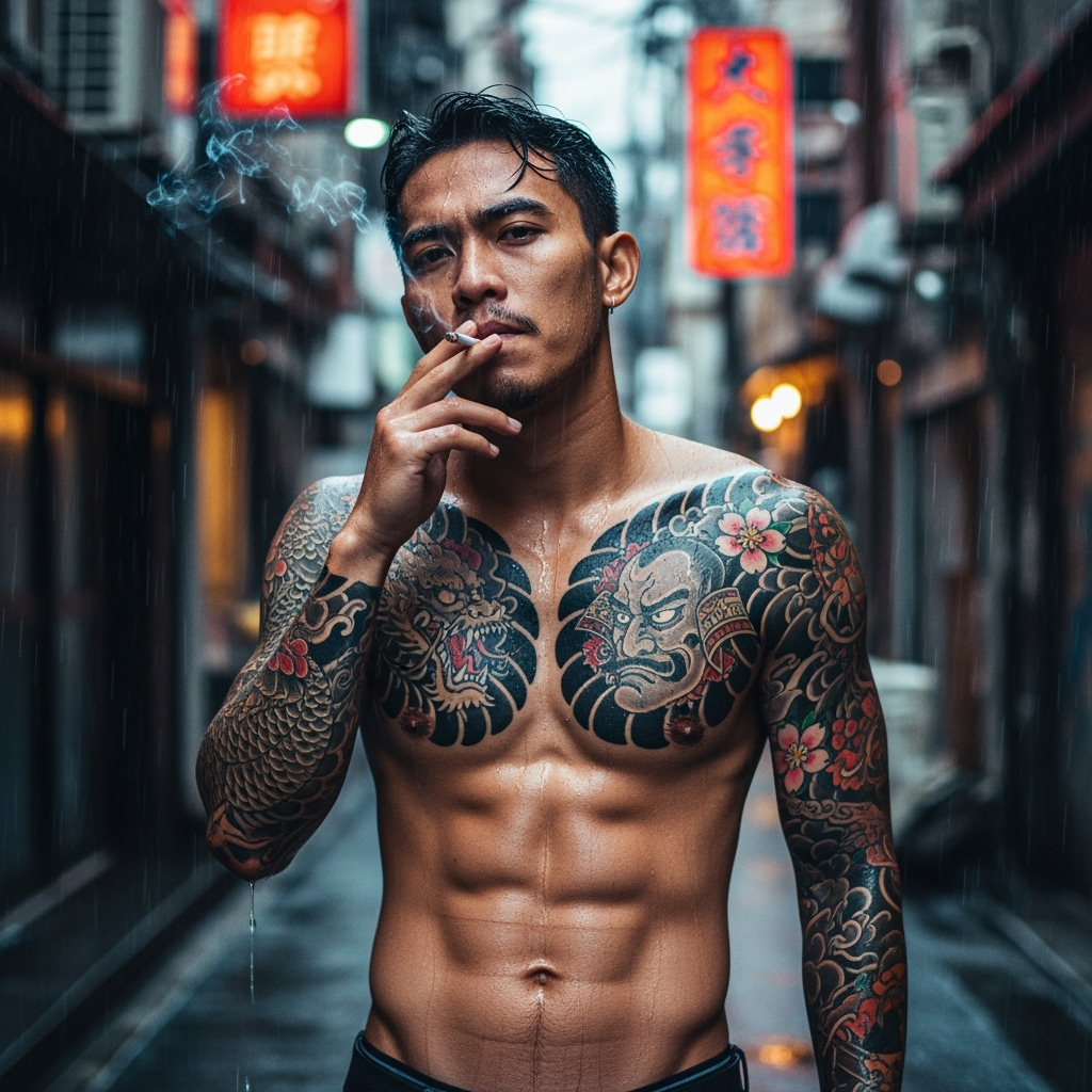 Postingan terkait: Make me a toned, bare-chested Indonesian man whose body is covered in yakuza-like tattoos and is smoking.the background is rainy and in the afternoon, it is quite dim and in a narrow alley flanked by buildings bright with bright lights