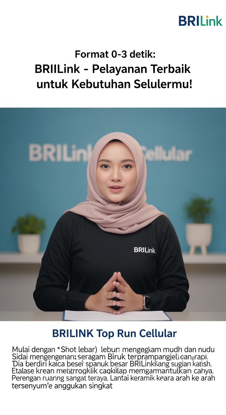 Gambar kreasi AI: Buatkan video rasio 9:16 kualitas full HD, seorang perempuan muda cantik umur 22 tahun berkulit putih dengan hijab biru muda, mengenakan seragam BRILink yang berwarna biru dan oranye, sedang berdiri dan berbicara. Seragamnya memiliki logo BRILink di dada kiri dan tulisan "BRILINK Top Run Cellular" di dada kanan. Dia berdiri di depan meja resepsionis putih yang juga memiliki logo BRILink, dengan tulisan "BRILINK Top Run Cellular" di atasnya.
​Latar belakangnya adalah kantor yang modern dan bersih. Di dinding belakang, ada beberapa spanduk besar dengan logo BRILink Top Run Cellular, salah satunya menampilkan tulisan "BRILINK Top Run Cellular". Terdapat juga etalase kaca yang menampilkan produk-produk seperti ponsel dan barang elektronik lainnya. Lantainya terbuat dari keramik mengkilap berwarna krem. Penerangan ruangan ini tampak terang dan jelas.