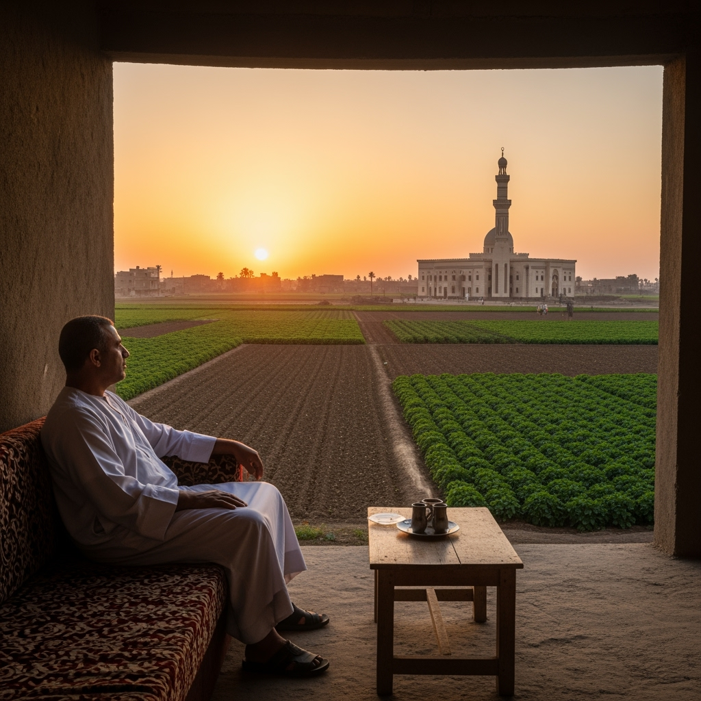 Postingan terkait: An Egyptian man in his fifties, wearing a white Egyptian galabiya and nothing on his head, sits on a simple sofa in front of his modest village home. His right hand rests on his right knee, holding a cup of tea, as a light steam rises. In front of him stretches a vast farmland planted with various crops, and to his right is a mosque with a tall minaret and a dome. It is sunset, and the sun is partially visible over the horizon, casting its warm golden rays. The scene is shown from a side angle, with a cinematic composition, hyperrealism, and high definition.