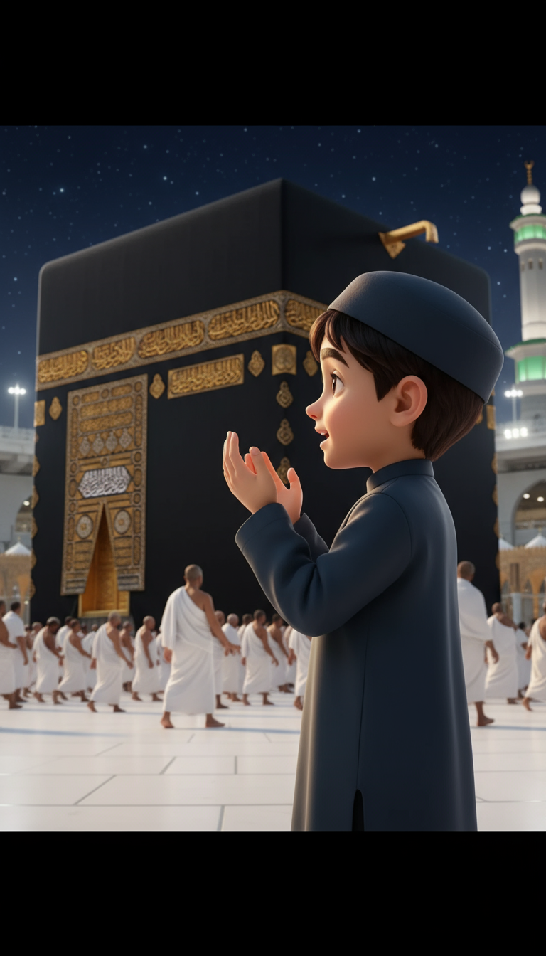 Postingan terkait: cinematic side shot A small boy stands upright in front of the Ka'bah at Masjid al-Haram, wearing a dark blue thobe. He gently raises both his hands to ear level, performing the Takbiratul Ihram while reverently saying "Allahu Akbar." After the takbir, he slowly lowers his hands and folds them over his chest, standing still in the Qiyam position. In front of him, pilgrims in white ihram garments continue to walk around the Ka'bah (tawaf). Warm night lights reflect off the golden Ka'bah, with a starry sky above