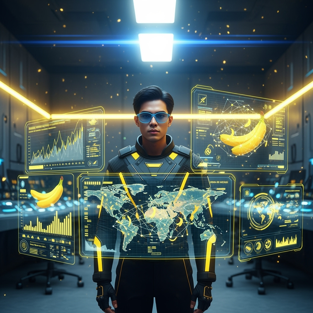 Postingan terkait: Cinematic, wide-angle shot of a young Thai man, with features from the reference images, as a futuristic "Banana Overlord". He is in a sleek, high-tech tactical suit in shades of black and vibrant yellow, wearing stylish blue light filtering glasses. He is in a neon-lit, high-tech command center, interacting with complex, floating holographic user interfaces. The holographic screens display glowing banana-related analytics: banana growth charts, global banana distribution networks, and 3D banana models. The image has a shallow depth of field, with lens flare and glowing particles creating a dynamic atmosphere. The primary light source is the bright yellow glow from the banana-themed holographic screens reflecting on his face and suit.